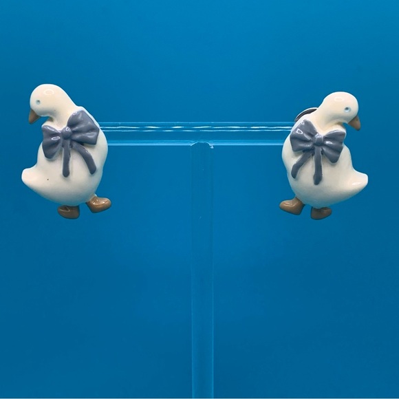 Vintage Jewelry - Vintage Duck Duck Goose Earrings 1980’s White With Blue Bow Cottage Country Core